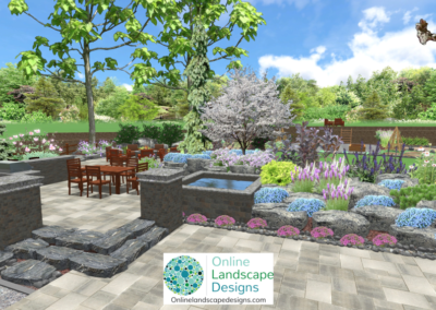 3d Landscape Design Software was used by Online Landscape Designs to create this landscape design plan with hot tub design, outdoor kitchen design, boulder garden and fire pit patio.