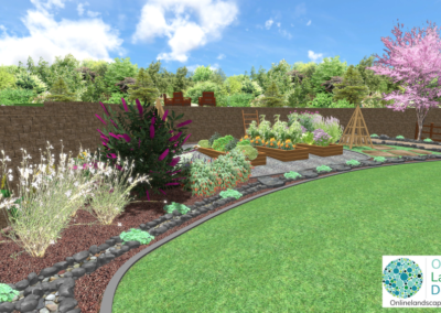 Back Yard Landscape Design Example by Online Landscape Designs. Raised vegetable beds, pollinator garden design, natural kids' play area