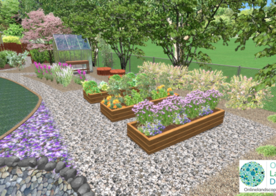 Online Landscape Designs permaculture garden design. Permaculture Landscape Design of raised beds, greenhouse, pollinator garden, native plants and edible perennials.